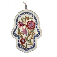 Large Embroidered Hamsa and Crystales - Flowers White HLC-3