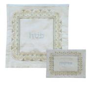 Embroidered Matzah Cover Set - Oriental square white MMB-AMB-4