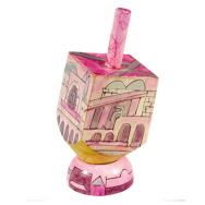 Small Wooden Dreidel with Stand - Jerusalem Pink DRS-16B