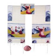 Embroidered Raw Silk Tallit - Miriam and the drum TFA-1
