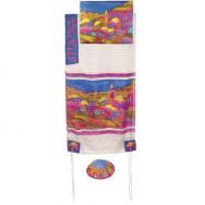 Hand-Painted Silk Tallit – Jerusalem Vista color White TS-5W