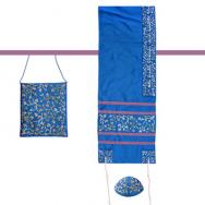 Embroidered Raw Silk Women Tallit – Tallisack - Flowers Blue TAB-1B