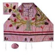 Embroidered Raw Silk Tallit - Tree of life - Pomegranates pink TFA-12